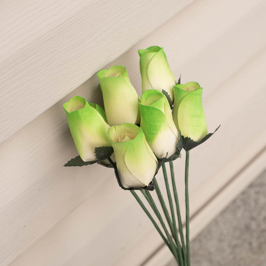 Green/White Closed Bud Roses 8-Pack - The Original Wooden Rose