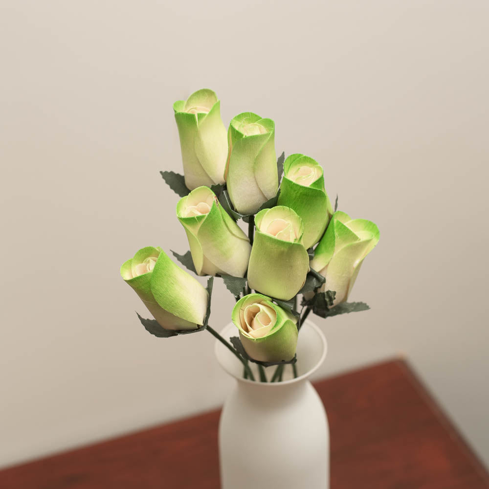 Green/White Closed Bud Roses 8-Pack - The Original Wooden Rose