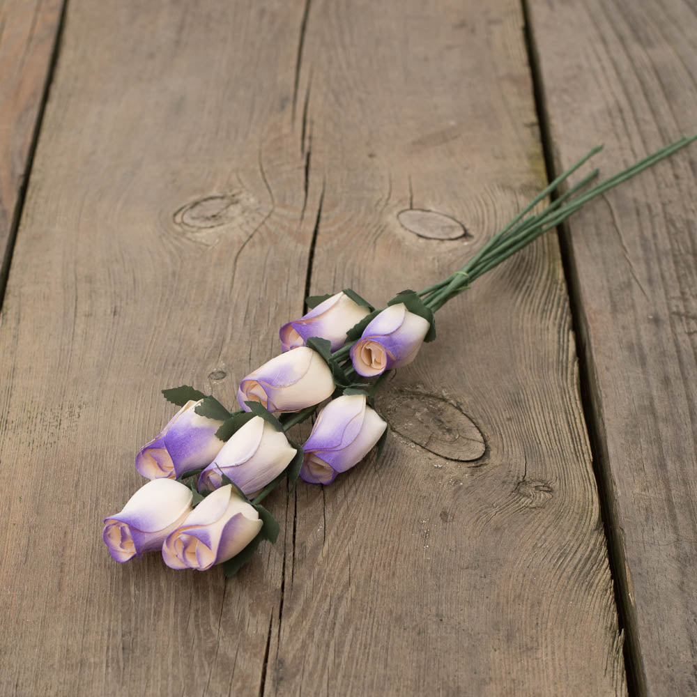 White/Purple Closed Bud Roses 8-Pack - The Original Wooden Rose
