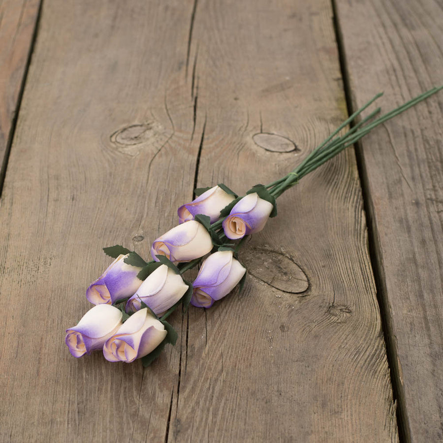 White/Purple Closed Bud Roses 8-Pack - The Original Wooden Rose