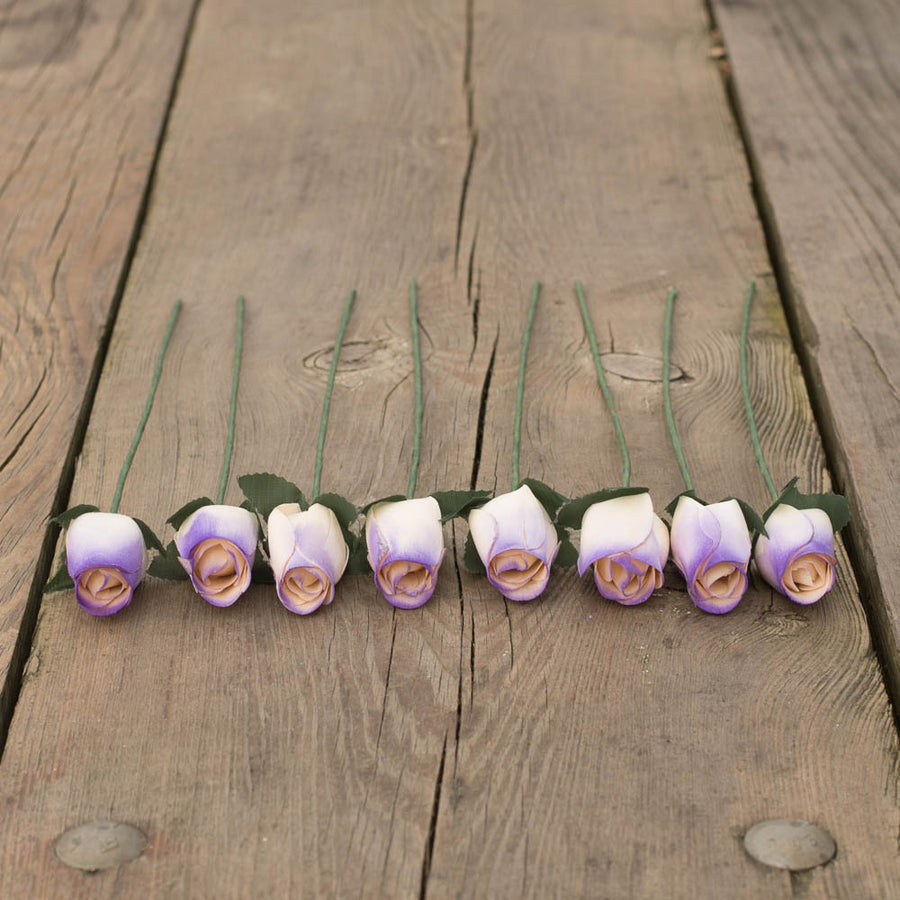 White/Purple Closed Bud Roses 8-Pack - The Original Wooden Rose