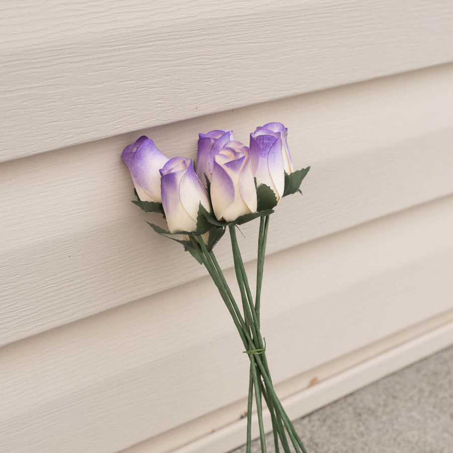 White/Purple Closed Bud Roses 8-Pack - The Original Wooden Rose