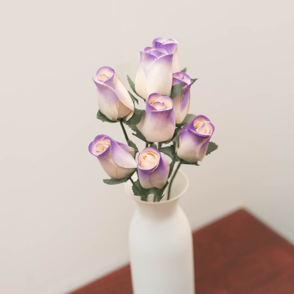 White/Purple Closed Bud Roses 8-Pack - The Original Wooden Rose