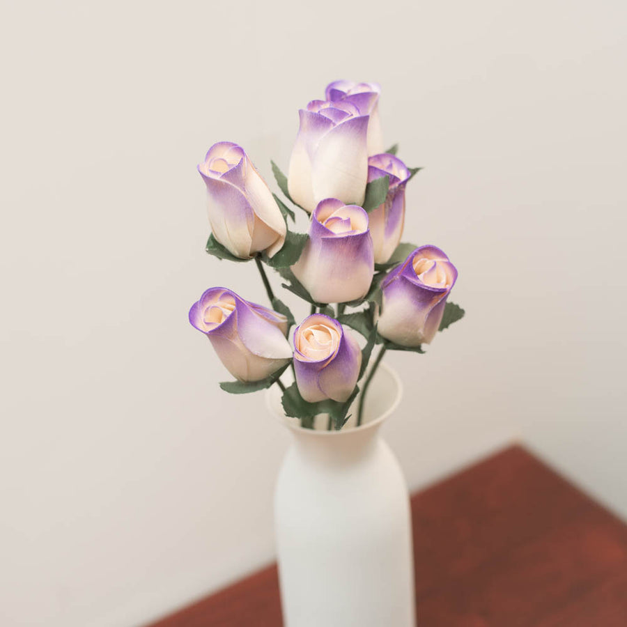 White/Purple Closed Bud Roses 8-Pack - The Original Wooden Rose