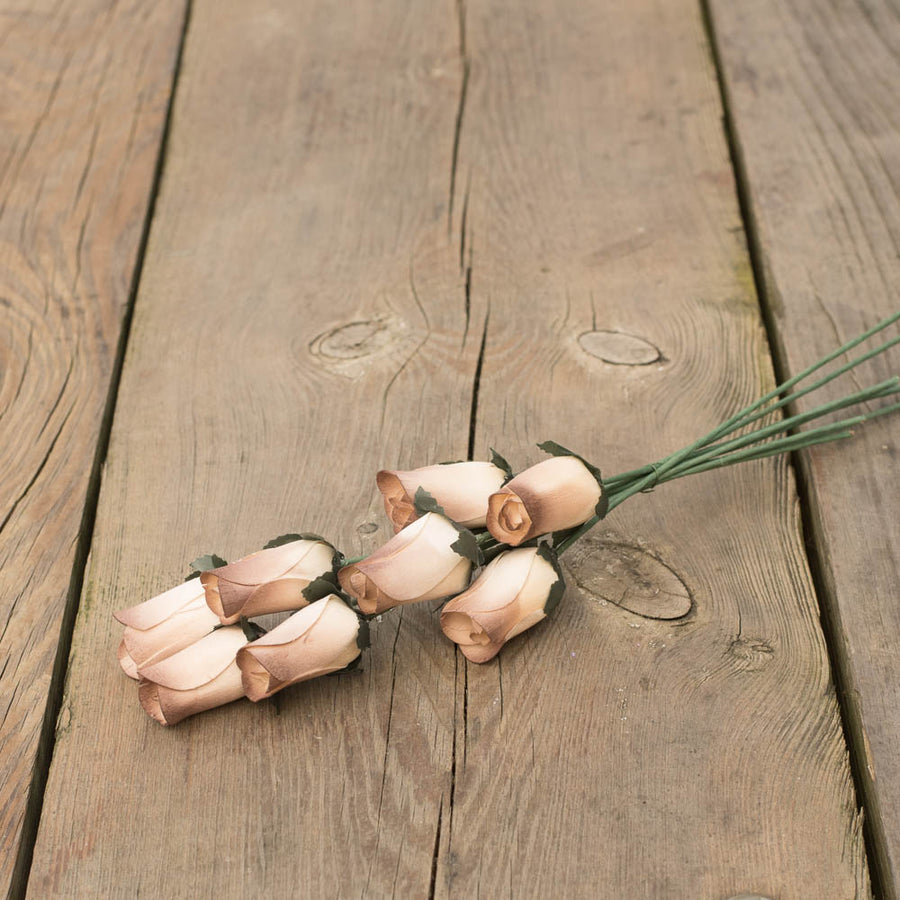White/Brown Closed Bud Roses 8-Pack - The Original Wooden Rose