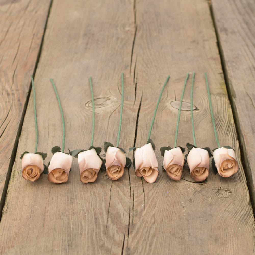 White/Brown Closed Bud Roses 8-Pack - The Original Wooden Rose