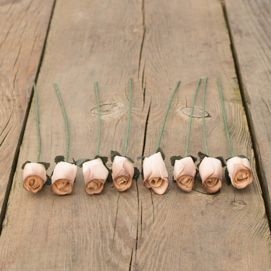White/Brown Closed Bud Roses 8-Pack - The Original Wooden Rose
