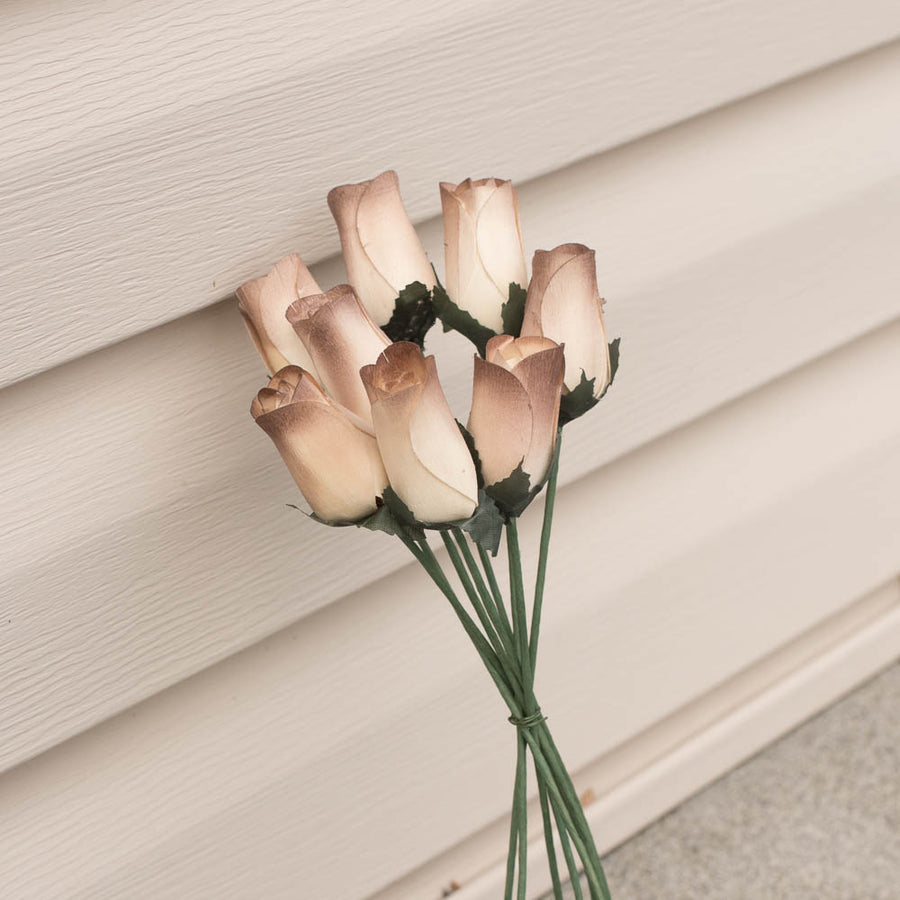 White/Brown Closed Bud Roses 8-Pack - The Original Wooden Rose