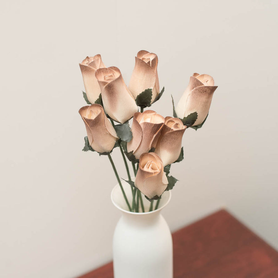 White/Brown Closed Bud Roses 8-Pack - The Original Wooden Rose
