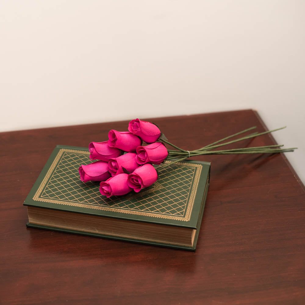 Hot Pink Closed Bud Roses 8-Pack - The Original Wooden Rose
