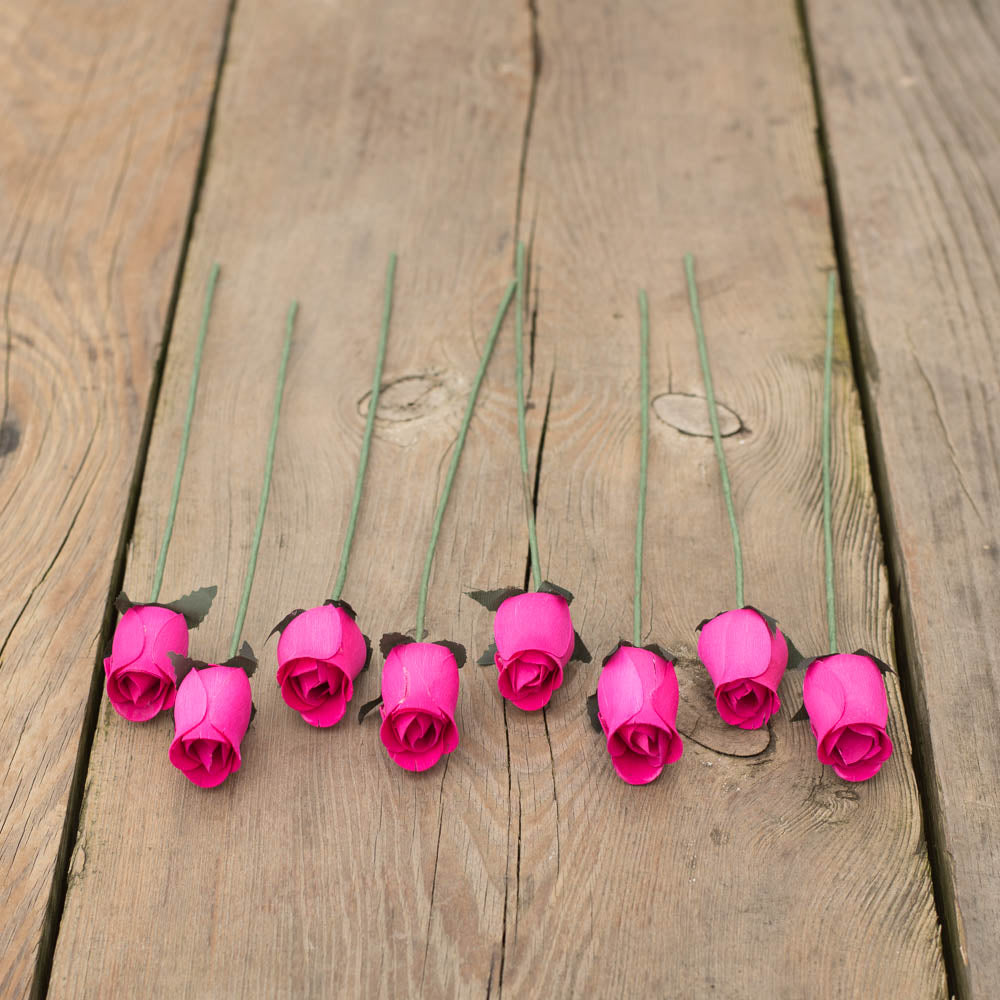 Hot Pink Closed Bud Roses 8-Pack - The Original Wooden Rose