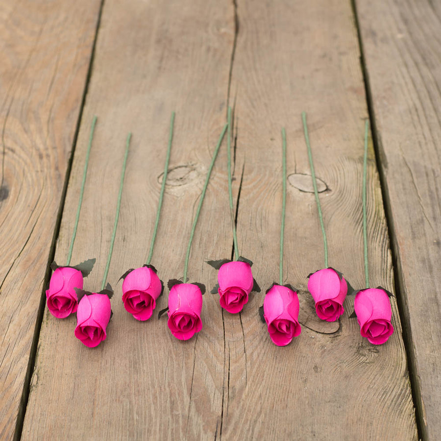 Hot Pink Closed Bud Roses 8-Pack - The Original Wooden Rose