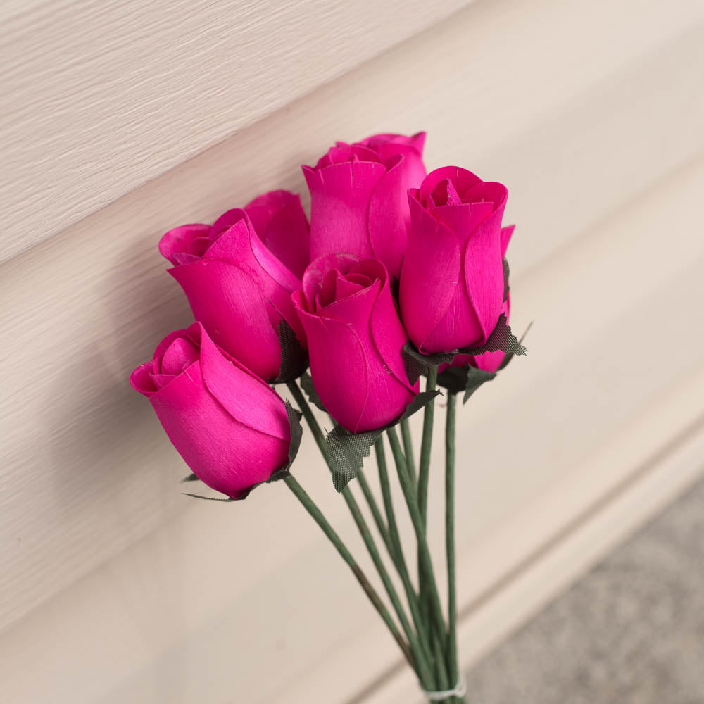 Hot Pink Closed Bud Roses 8-Pack - The Original Wooden Rose
