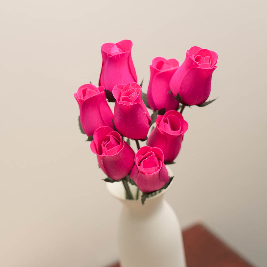 Hot Pink Closed Bud Roses 8-Pack - The Original Wooden Rose