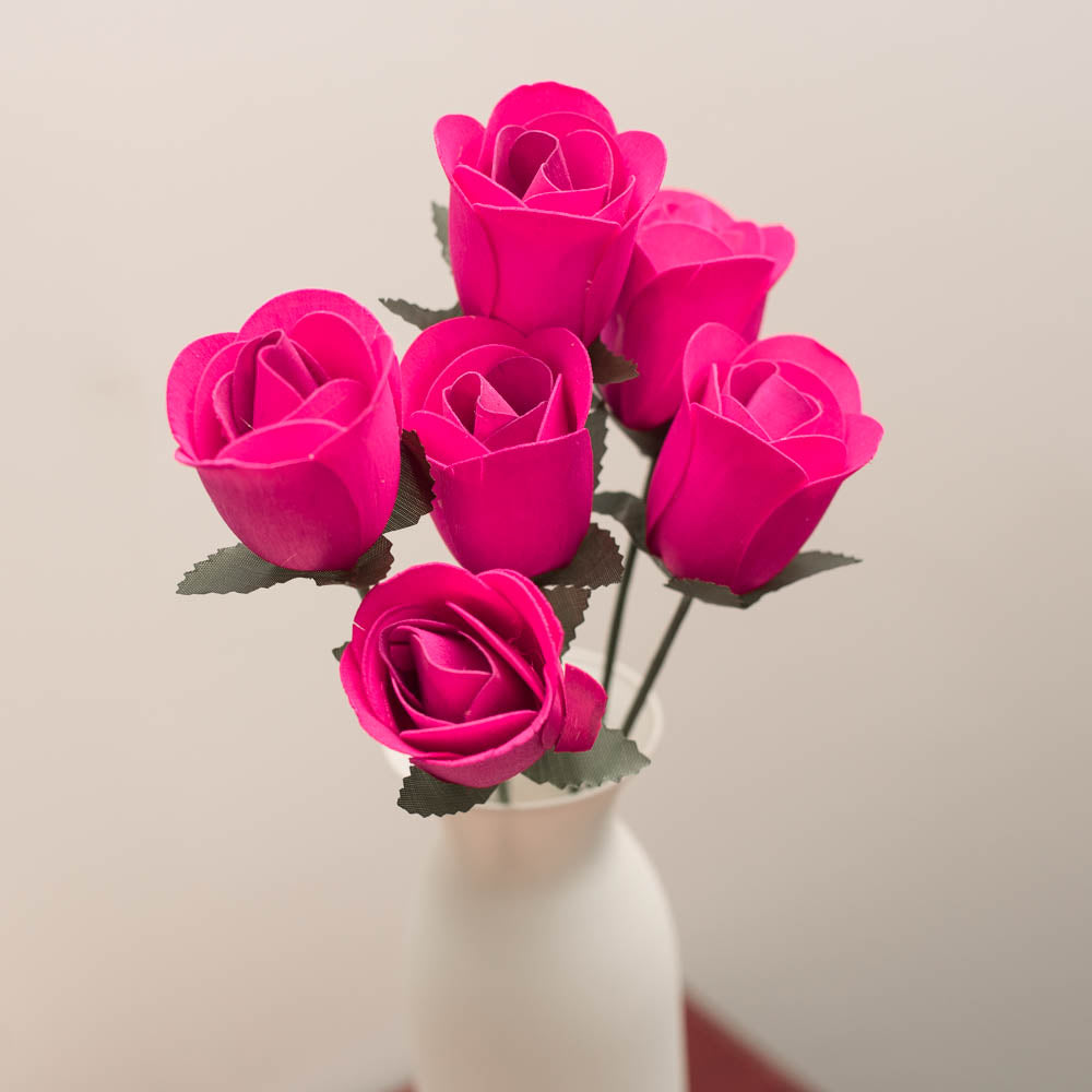 Hot Pink Half Open Roses 6-Pack - The Original Wooden Rose