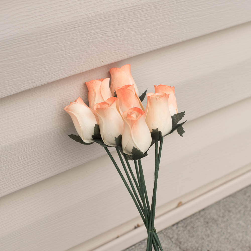 White/Orange Closed Bud Roses 8-Pack - The Original Wooden Rose