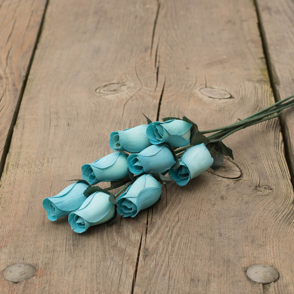 Light Blue Closed Bud Roses 8-Pack - The Original Wooden Rose
