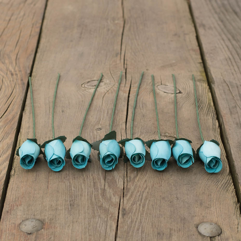 Light Blue Closed Bud Roses 8-Pack - The Original Wooden Rose
