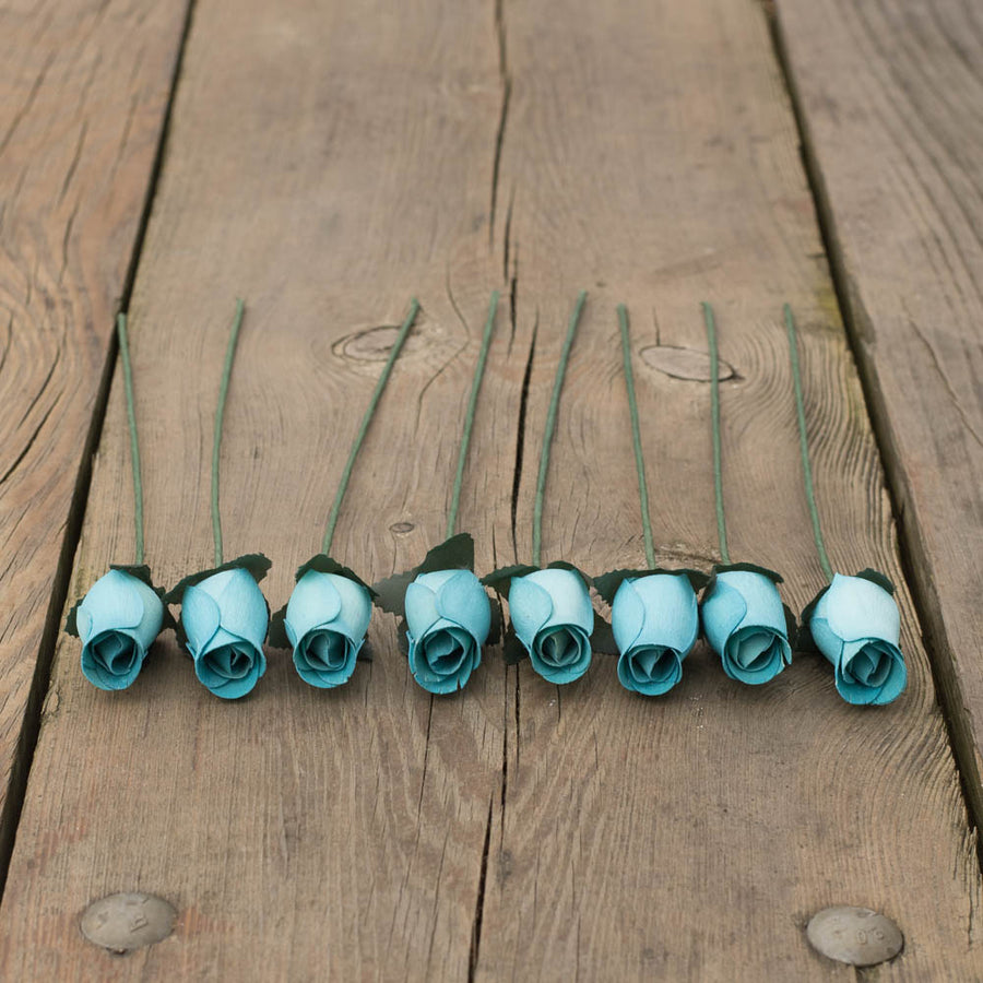 Light Blue Closed Bud Roses 8-Pack - The Original Wooden Rose