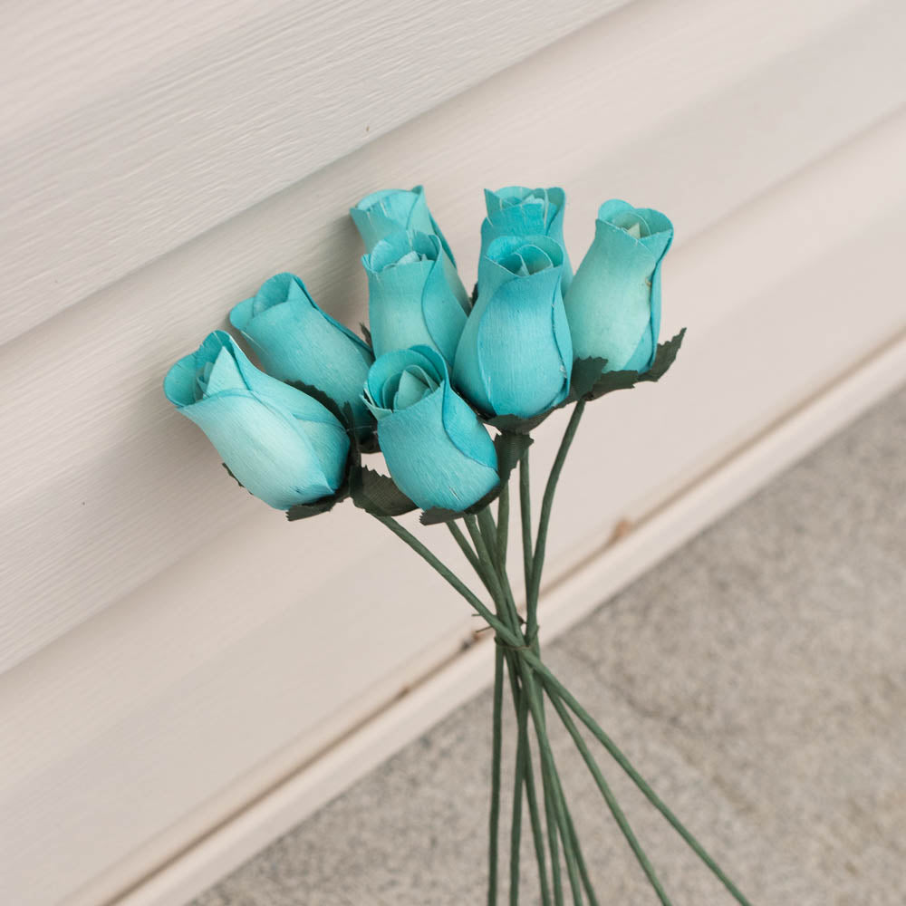 Light Blue Closed Bud Roses 8-Pack - The Original Wooden Rose