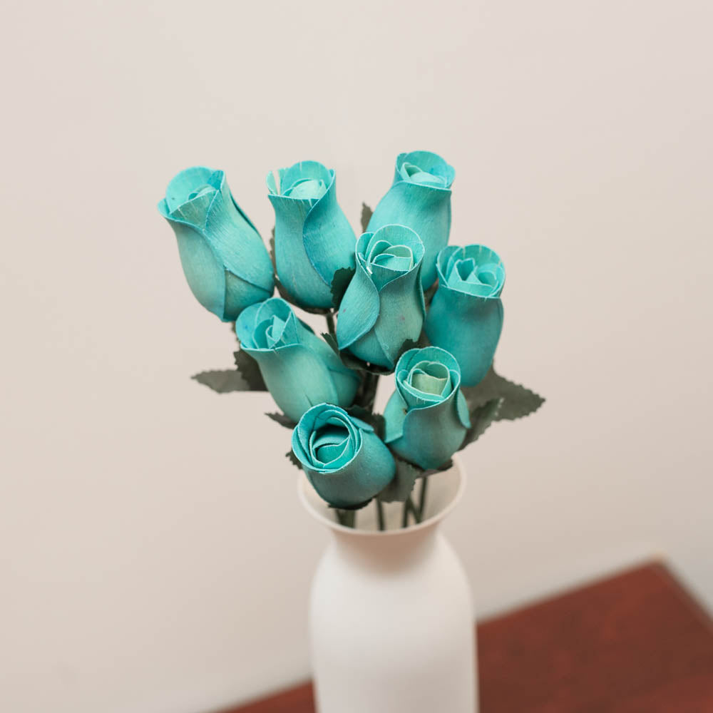 Light Blue Closed Bud Roses 8-Pack - The Original Wooden Rose