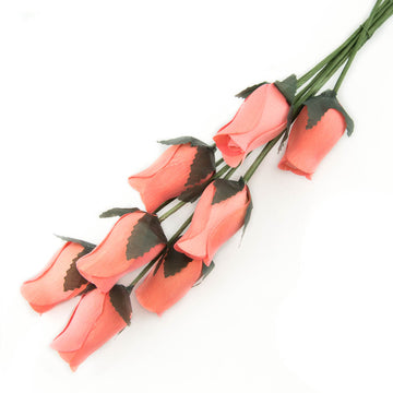 Coral Pink Closed Bud Roses 8-Pack - The Original Wooden Rose