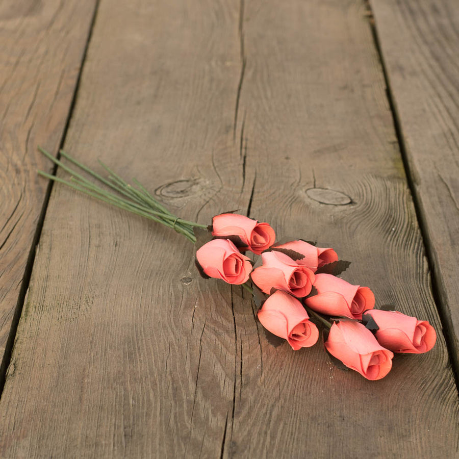 Coral Pink Closed Bud Roses 8-Pack - The Original Wooden Rose