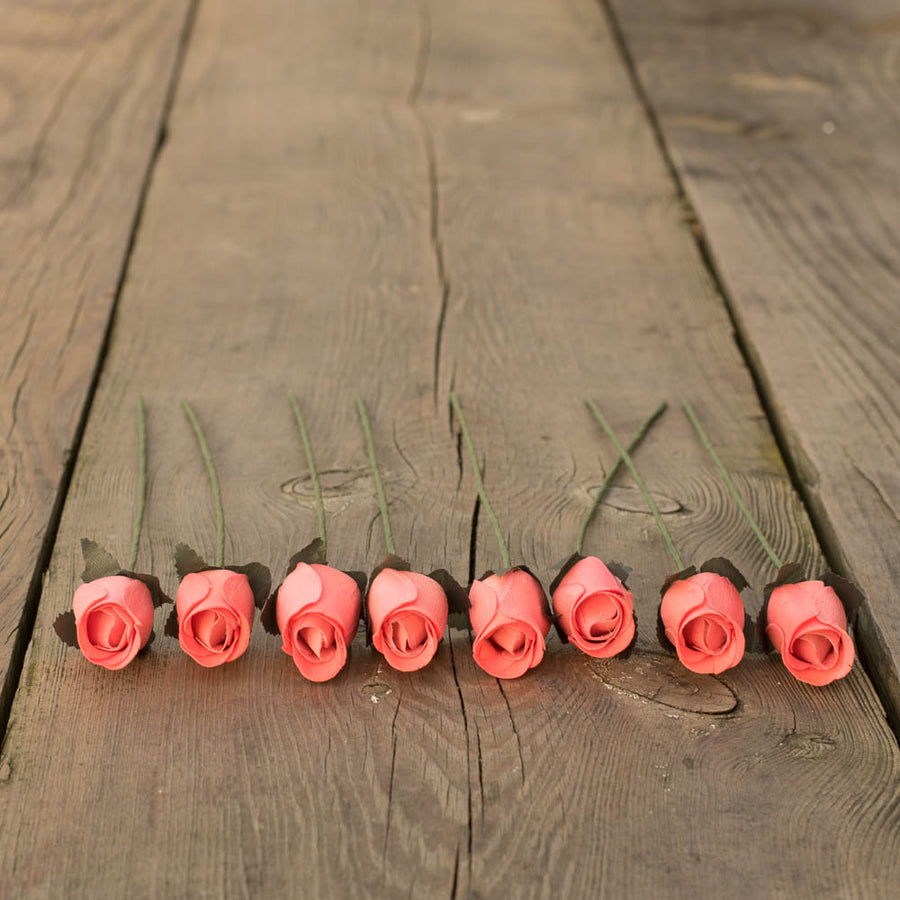 Coral Pink Closed Bud Roses 8-Pack - The Original Wooden Rose