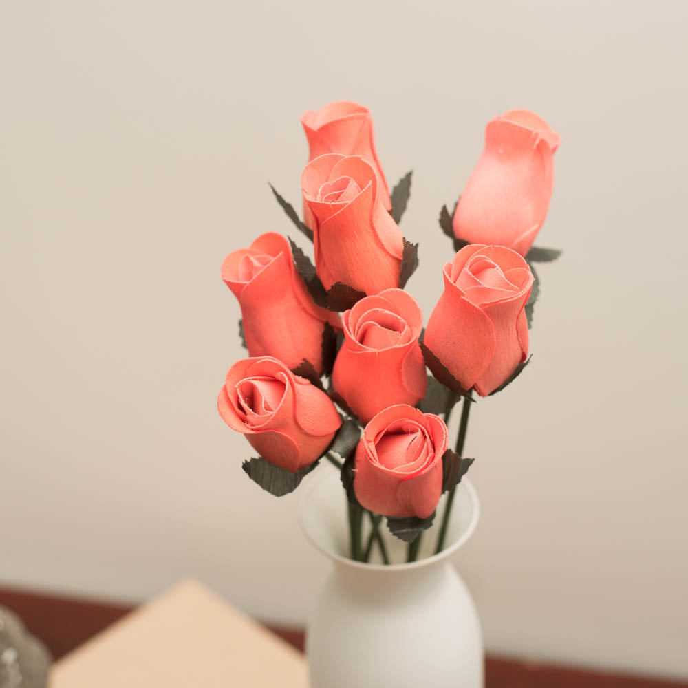 Coral Pink Closed Bud Roses 8-Pack - The Original Wooden Rose