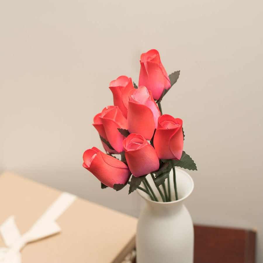 Coral/Red Closed Bud Roses 8-Pack - The Original Wooden Rose
