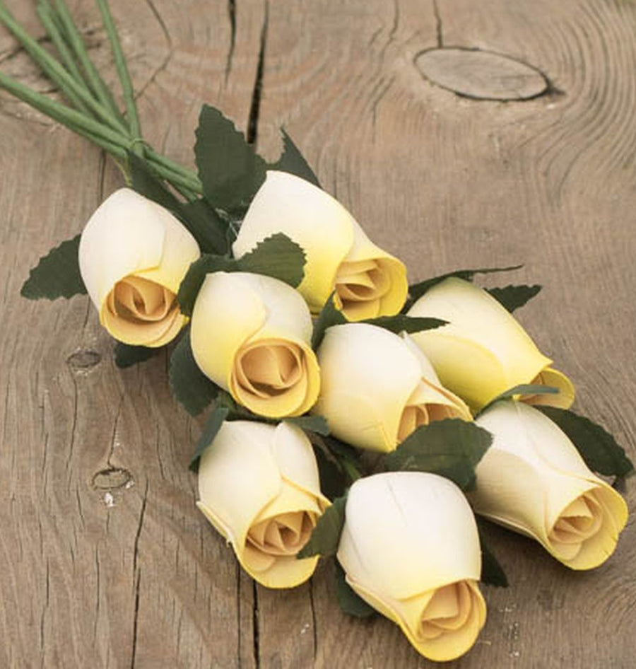White with Yellow Tips Closed Bud Roses 8-Pack - The Original Wooden Rose
