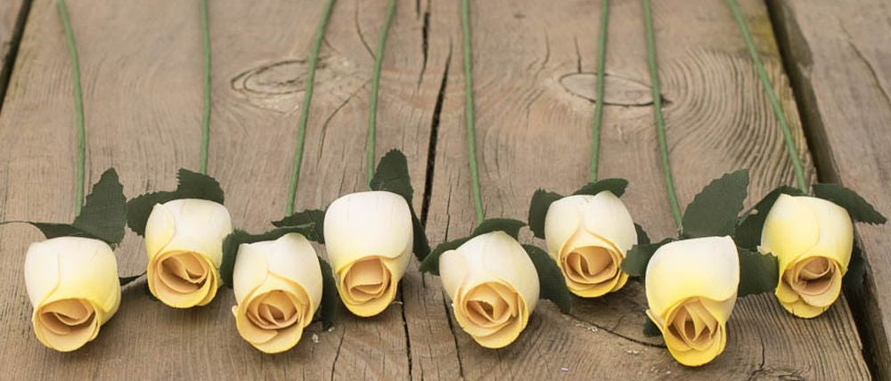 White with Yellow Tips Closed Bud Roses 8-Pack - The Original Wooden Rose