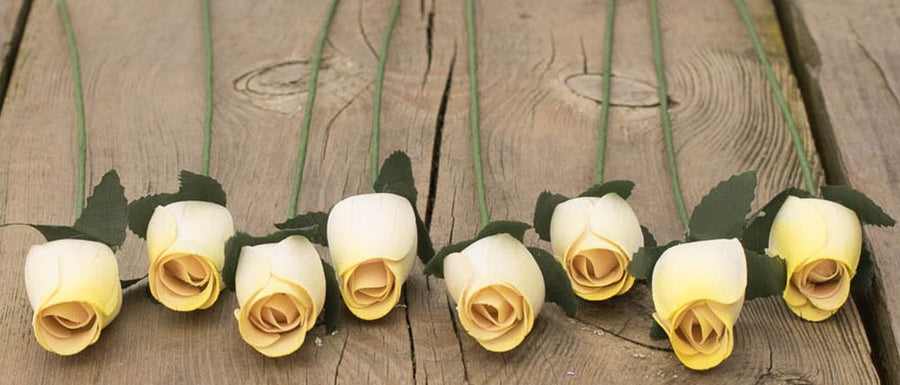 White with Yellow Tips Closed Bud Roses 8-Pack - The Original Wooden Rose