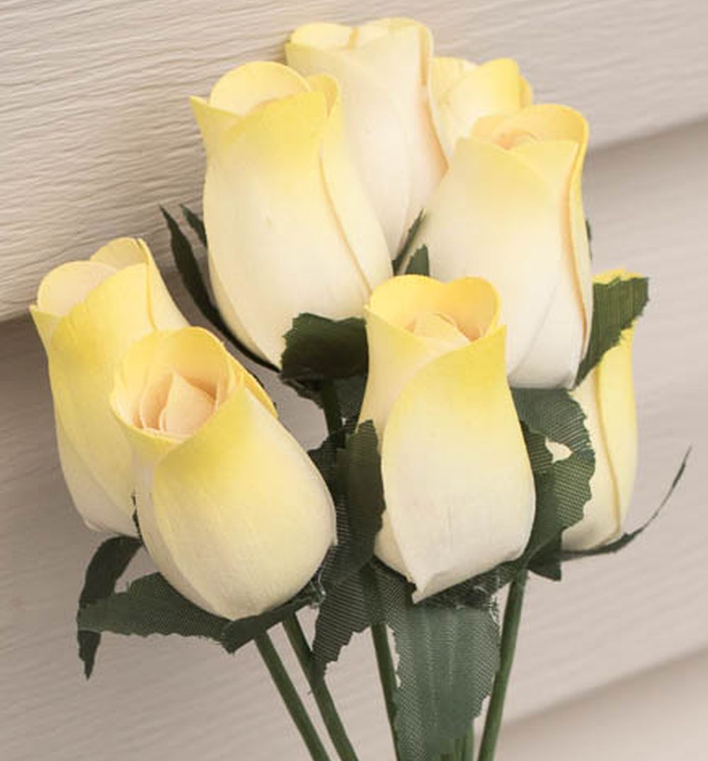 White with Yellow Tips Closed Bud Roses 8-Pack - The Original Wooden Rose