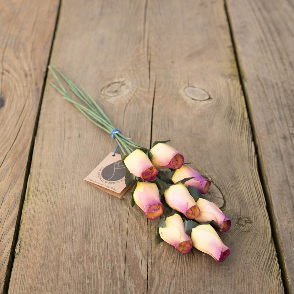 Yellow/Plum Closed Bud Roses 8-Pack - The Original Wooden Rose