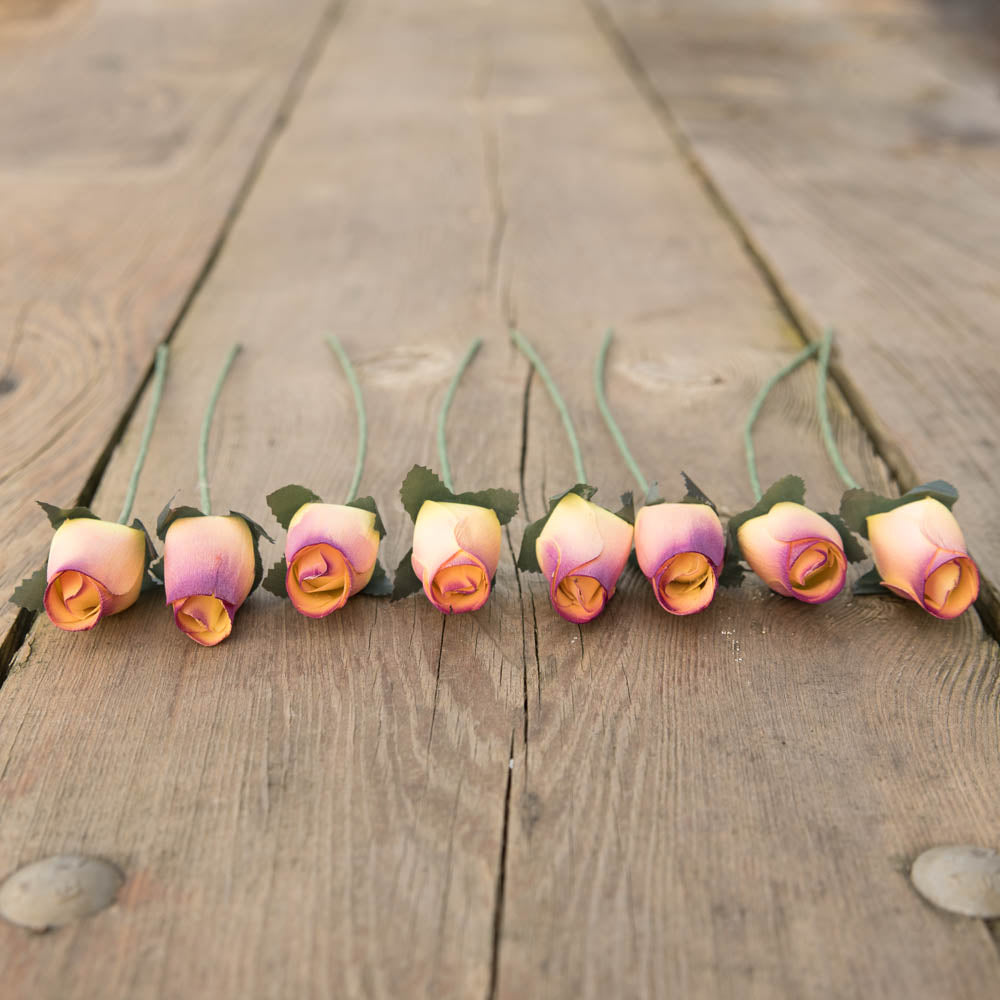 Yellow/Plum Closed Bud Roses 8-Pack - The Original Wooden Rose