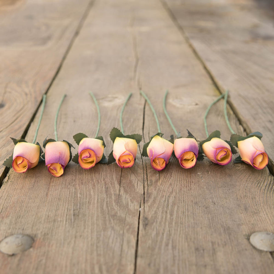 Yellow/Plum Closed Bud Roses 8-Pack - The Original Wooden Rose