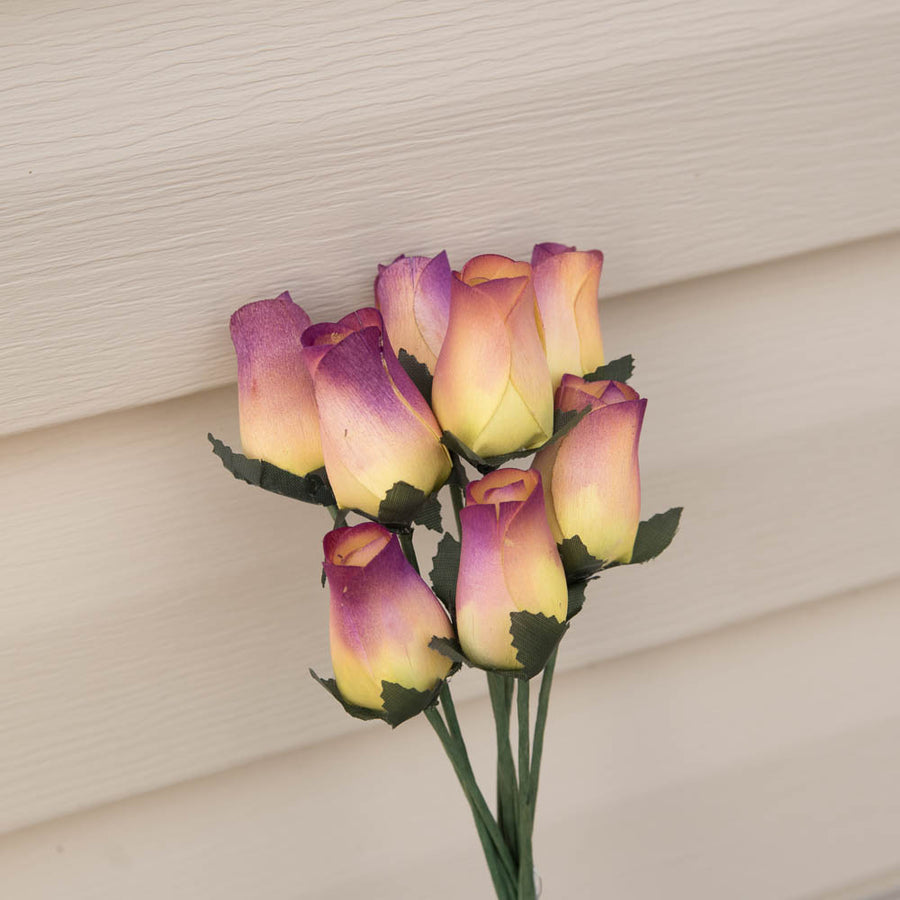Yellow/Plum Closed Bud Roses 8-Pack - The Original Wooden Rose