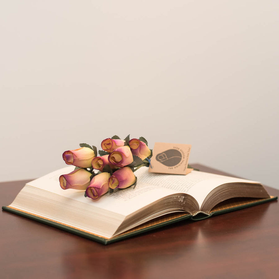 Yellow/Plum Closed Bud Roses 8-Pack - The Original Wooden Rose
