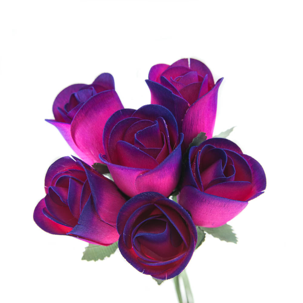 Hot Pink/Purple Half Open Roses 6-Pack - The Original Wooden Rose
