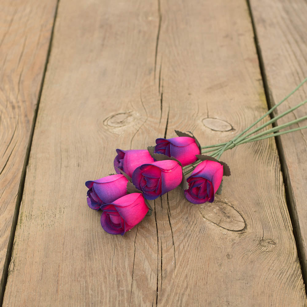 Hot Pink/Purple Half Open Roses 6-Pack - The Original Wooden Rose