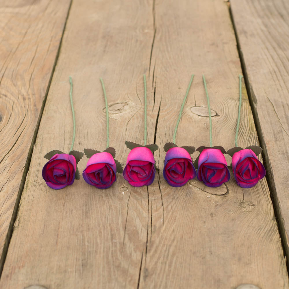 Hot Pink/Purple Half Open Roses 6-Pack - The Original Wooden Rose