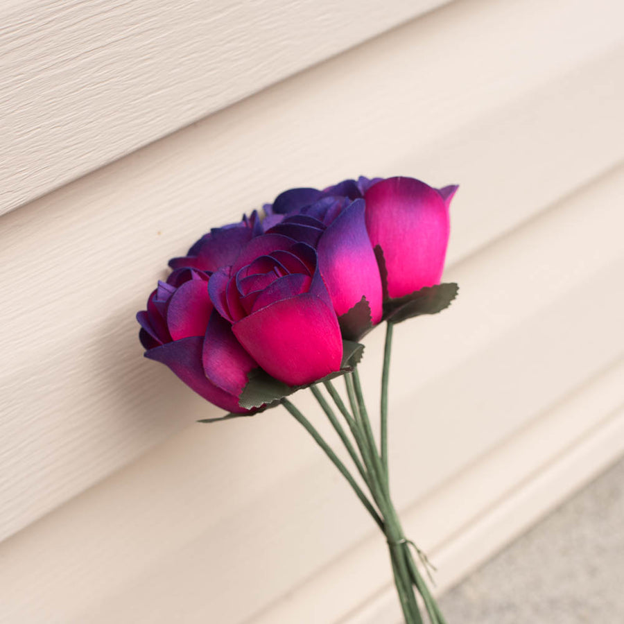 Hot Pink/Purple Half Open Roses 6-Pack - The Original Wooden Rose