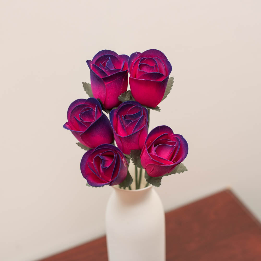 Hot Pink/Purple Half Open Roses 6-Pack - The Original Wooden Rose