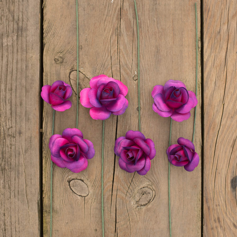 Hot Pink/Purple Fully Open Roses 6-Pack - The Original Wooden Rose