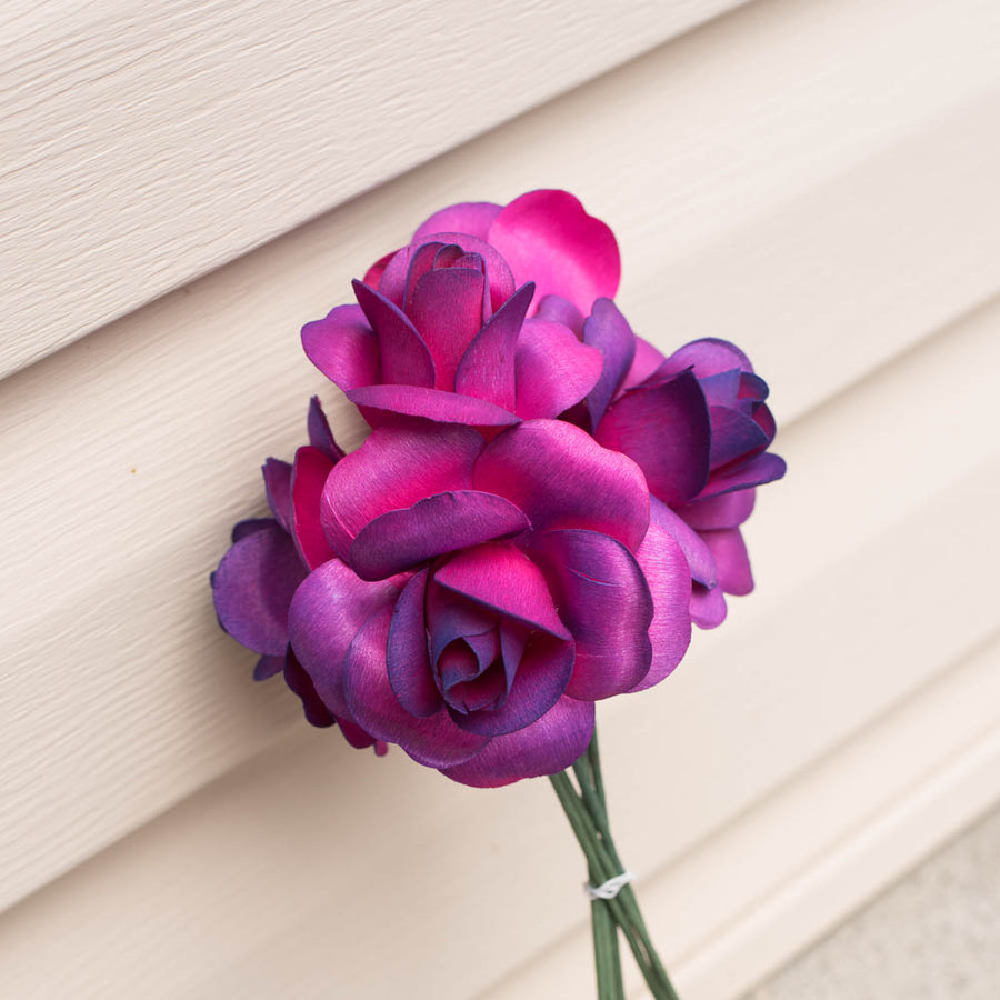 Hot Pink/Purple Fully Open Roses 6-Pack - The Original Wooden Rose