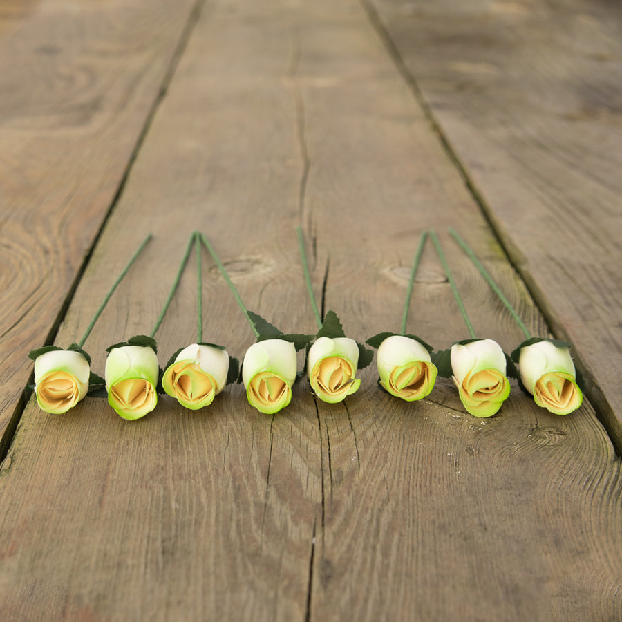 White/Light Green Closed Bud Roses 8-Pack - The Original Wooden Rose