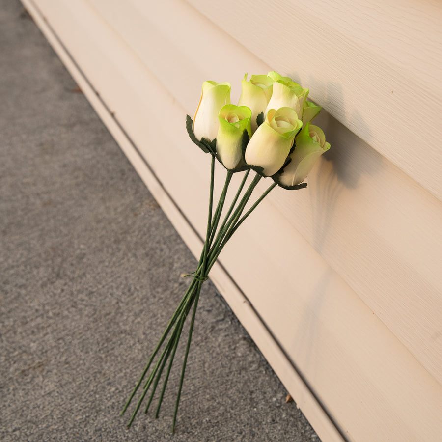 White/Light Green Closed Bud Roses 8-Pack - The Original Wooden Rose