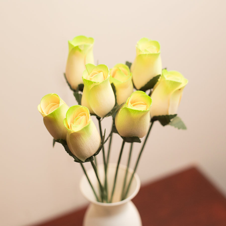 White/Light Green Closed Bud Roses 8-Pack - The Original Wooden Rose