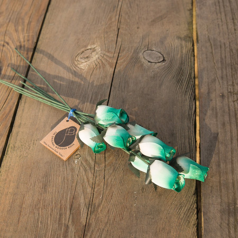 White/Dark Green Closed Bud Roses 8-Pack - The Original Wooden Rose